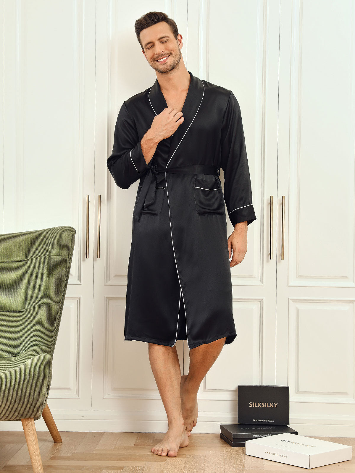 Men’s Pure Mulberry Silk Lapel Collar Belted Robe (Without Pants)