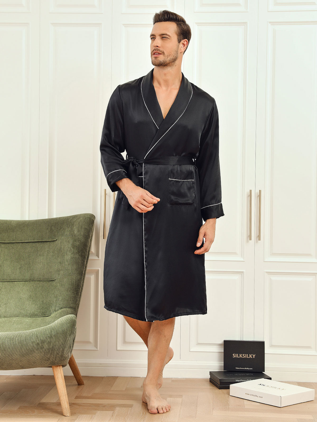 Men’s Pure Mulberry Silk Lapel Collar Belted Robe (Without Pants) - Image 3