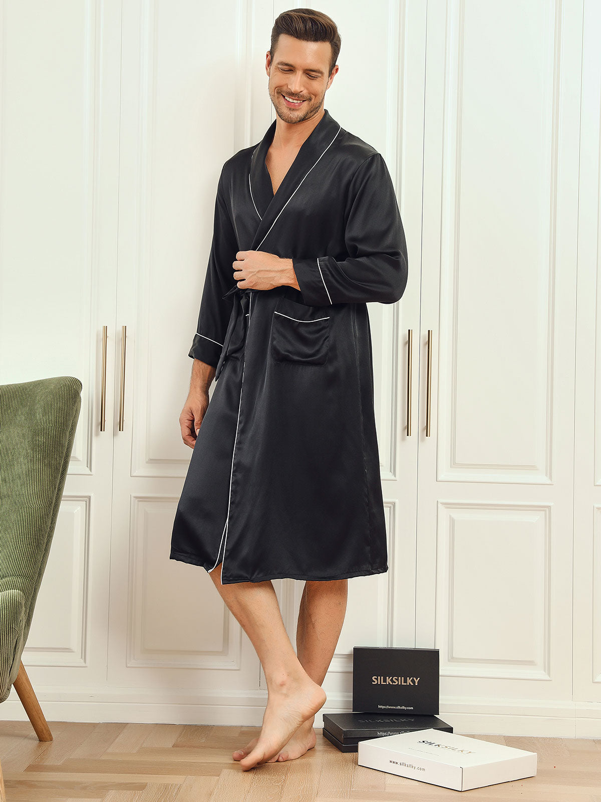 Men’s Pure Mulberry Silk Lapel Collar Belted Robe (Without Pants) - Image 4