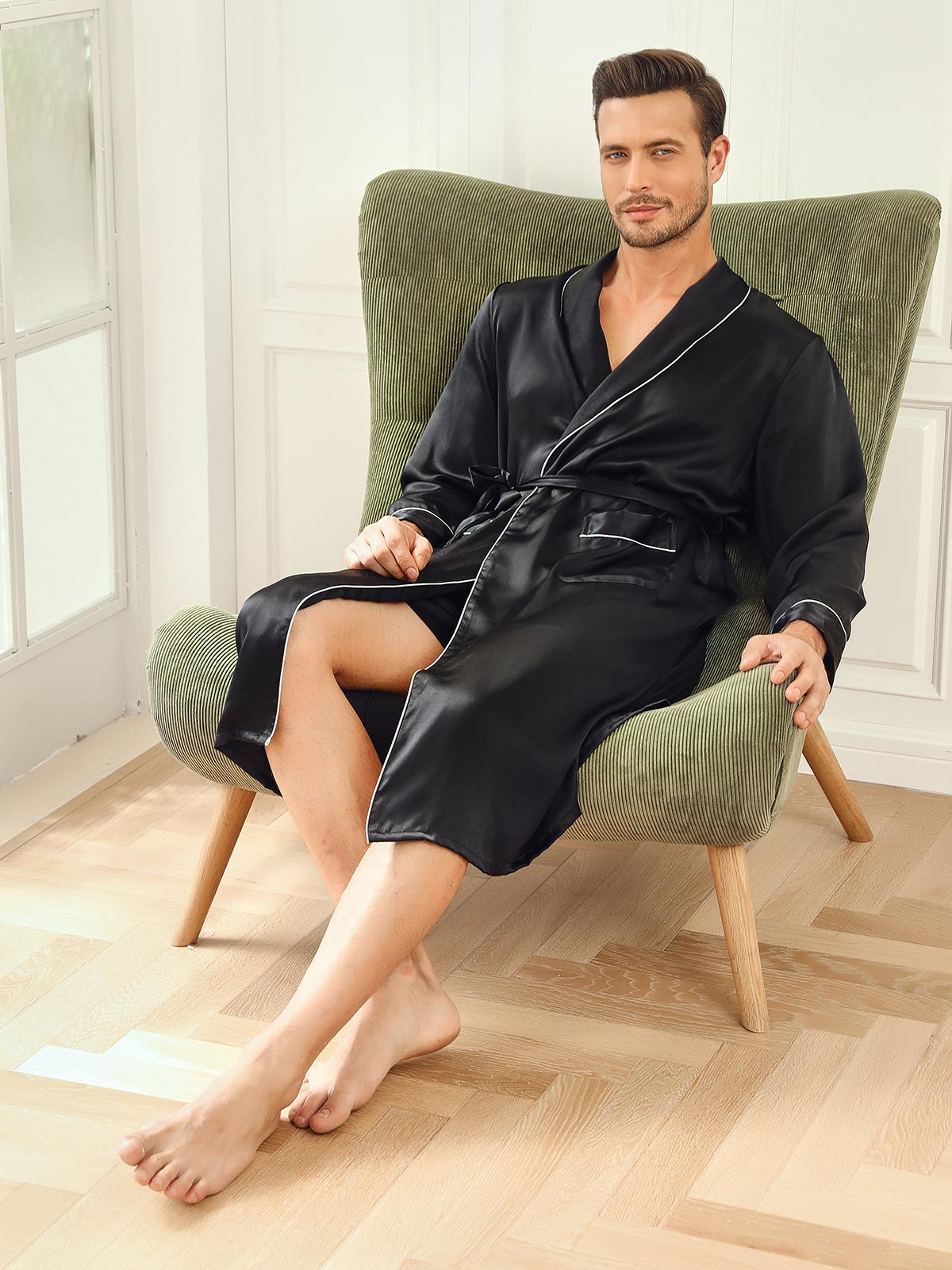 Men’s Pure Mulberry Silk Lapel Collar Belted Robe (Without Pants) - Image 6
