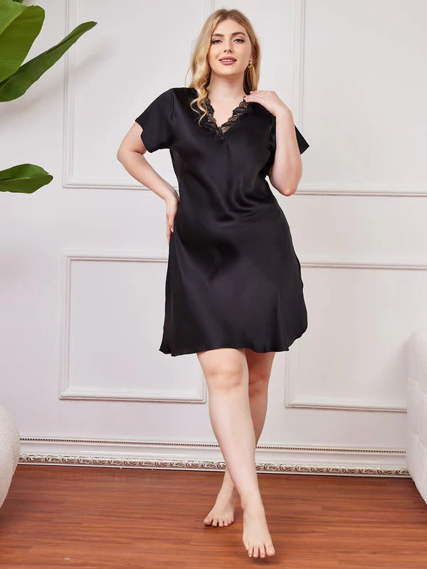 Women’s Pure Mulberry Silk Lace Neck Plus Size Nightgown with Split Hem - Image 6