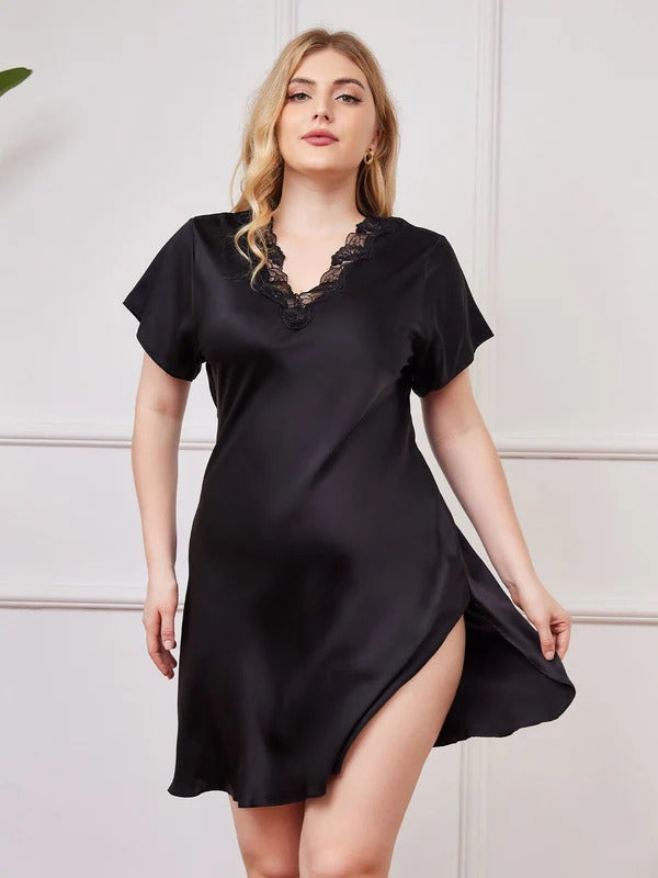 Women’s Pure Mulberry Silk Lace Neck Plus Size Nightgown with Split Hem - Image 10