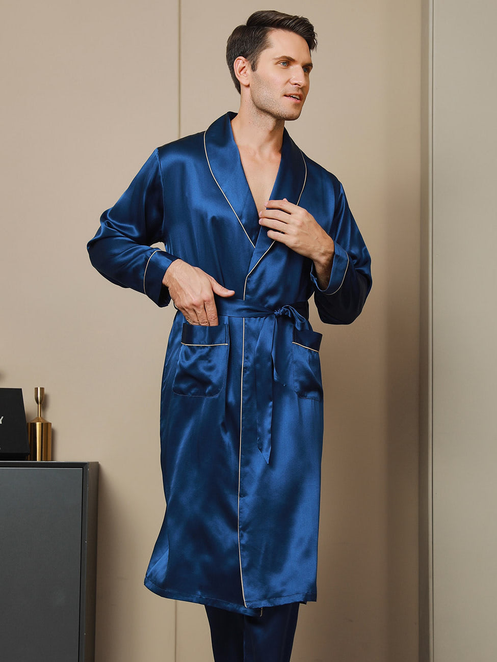 Men’s Pure Mulberry Silk Lapel Collar Belted Robe (Without Pants) - Image 7