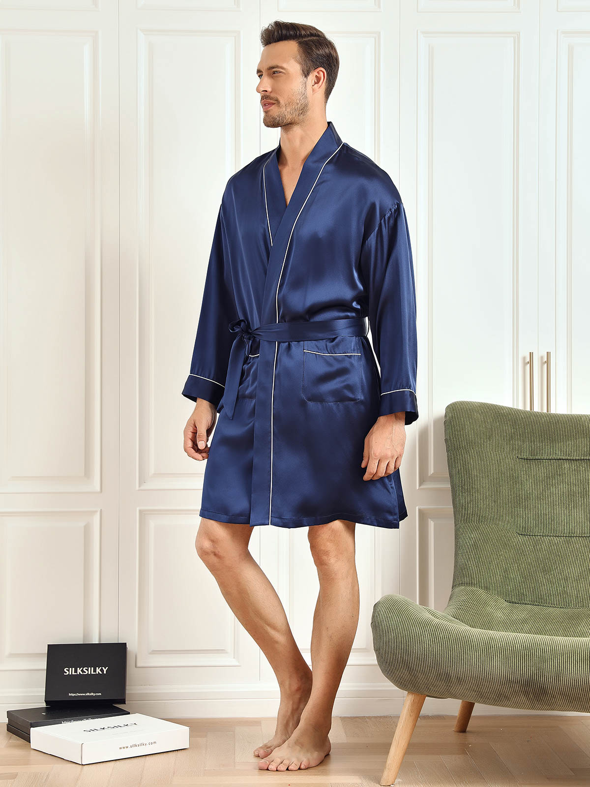 Men’s Mulberry Silk Belted Robe with Contrast Trim - Image 10