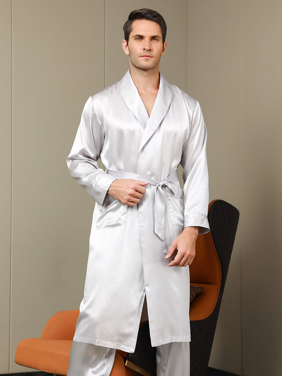 Men’s Pure Mulberry Silk Lapel Collar Belted Robe (Without Pants) - Image 19