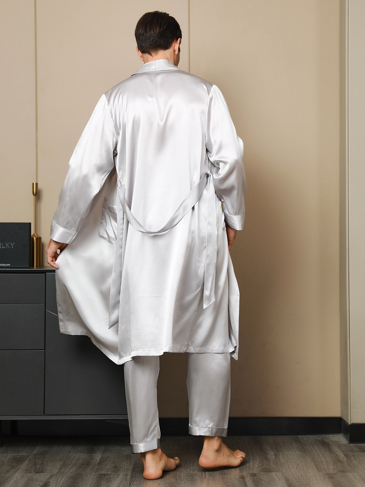Men’s Pure Mulberry Silk Lapel Collar Belted Robe (Without Pants) - Image 21