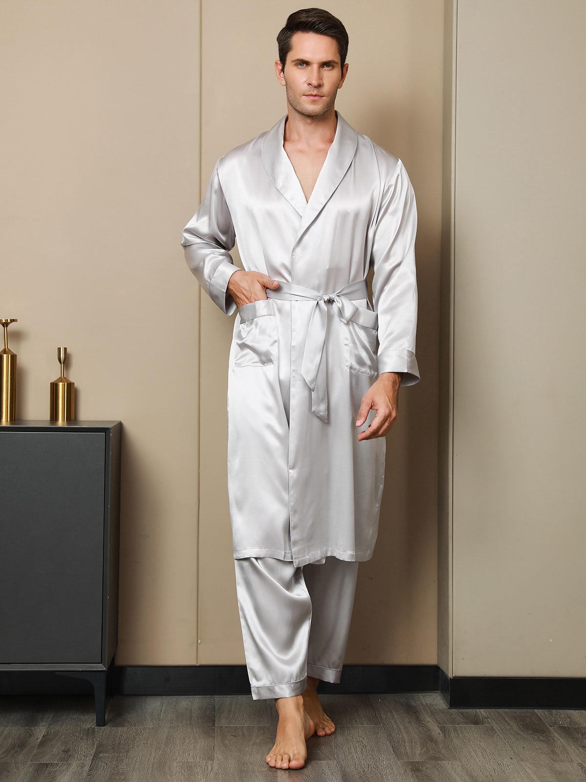 Men’s Pure Mulberry Silk Lapel Collar Belted Robe (Without Pants) - Image 24