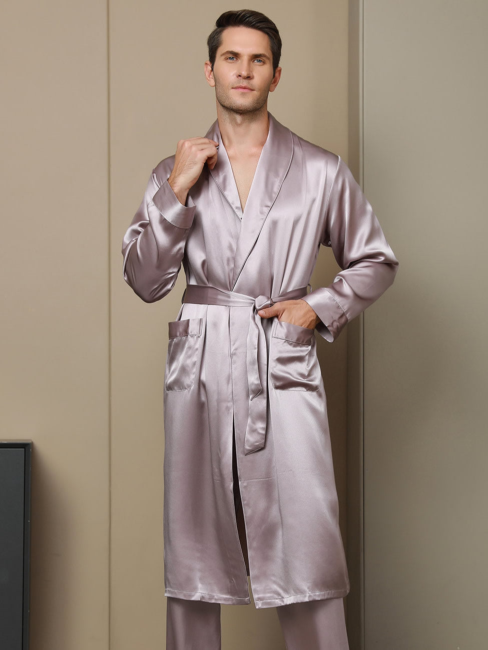 Men’s Pure Mulberry Silk Lapel Collar Belted Robe (Without Pants) - Image 13