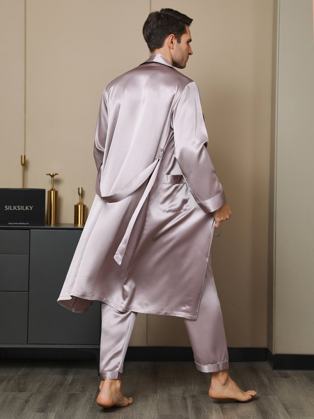 Men’s Pure Mulberry Silk Lapel Collar Belted Robe (Without Pants) - Image 14