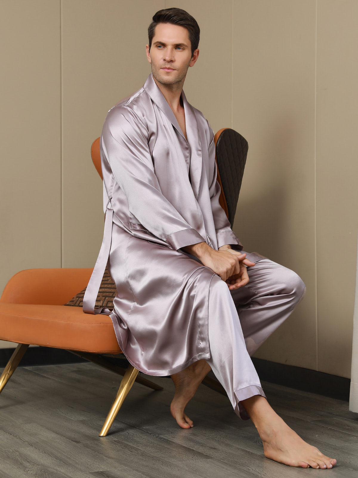 Men’s Pure Mulberry Silk Lapel Collar Belted Robe (Without Pants) - Image 15