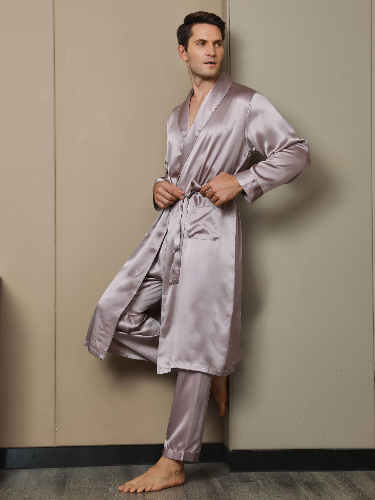 Men’s Pure Mulberry Silk Lapel Collar Belted Robe (Without Pants) - Image 18