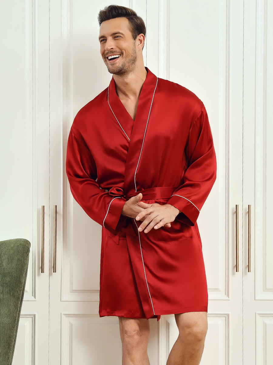 Men’s Mulberry Silk Belted Robe with Contrast Trim - Image 15