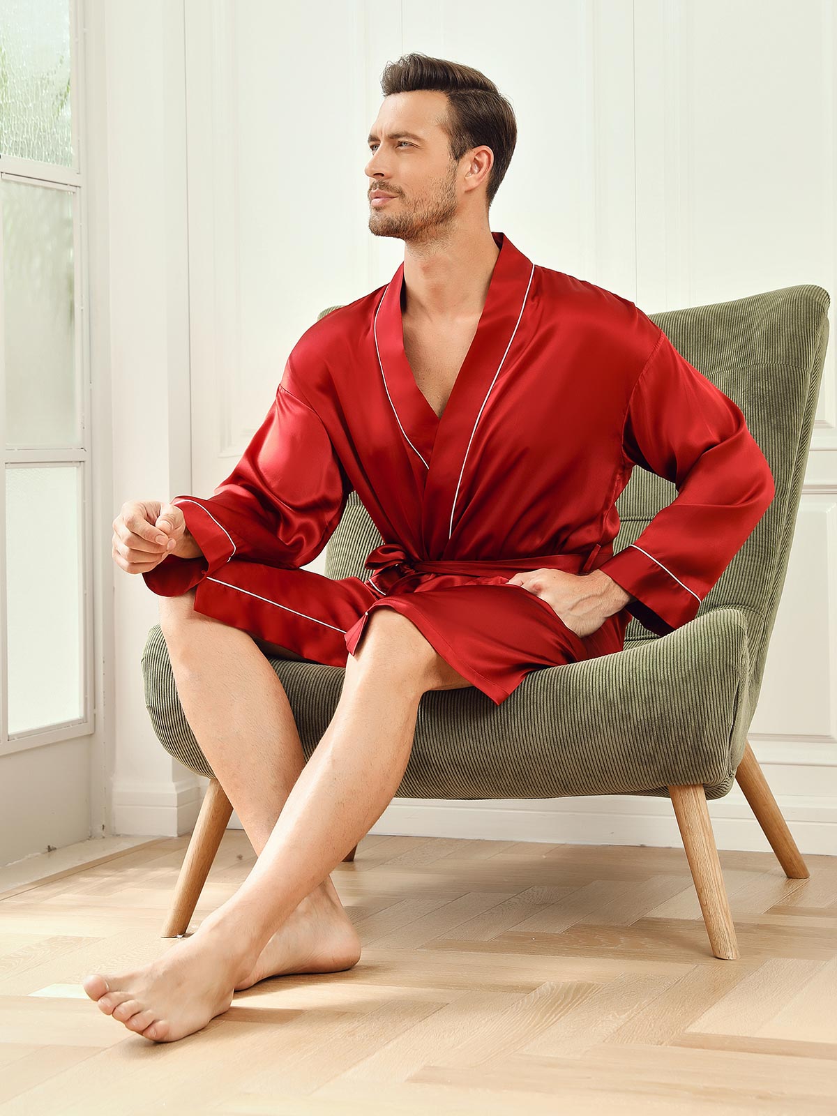 Men’s Mulberry Silk Belted Robe with Contrast Trim - Image 20
