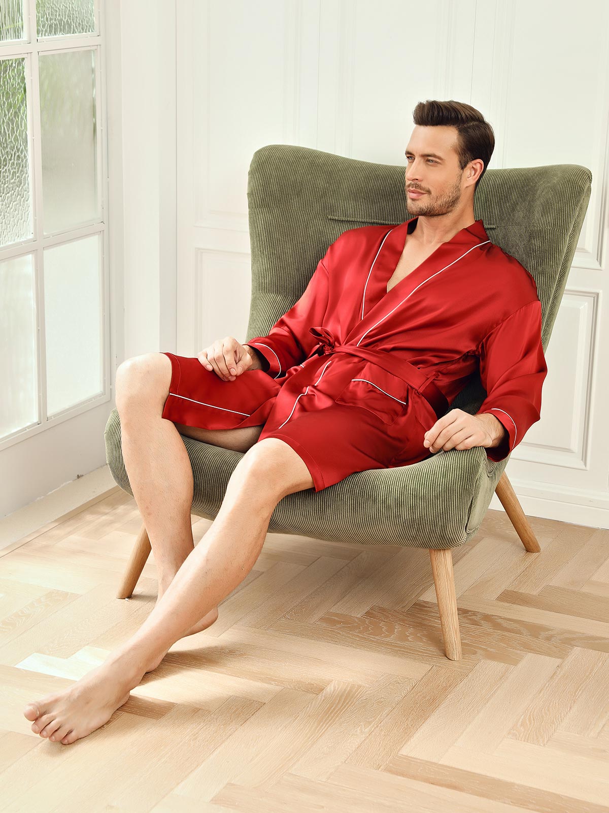 Men’s Mulberry Silk Belted Robe with Contrast Trim - Image 21